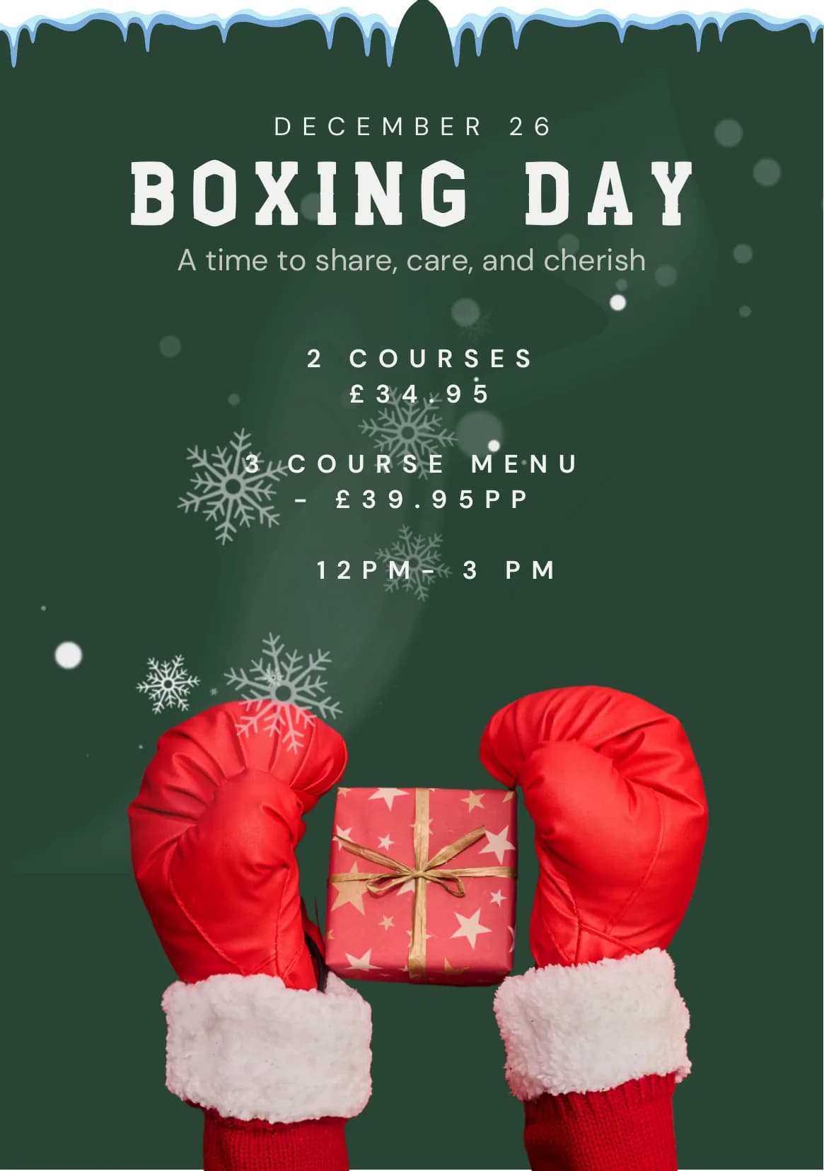 Boxing Day poster — two courses £34.95, three courses £39.95 per person, 12pm to 3pm