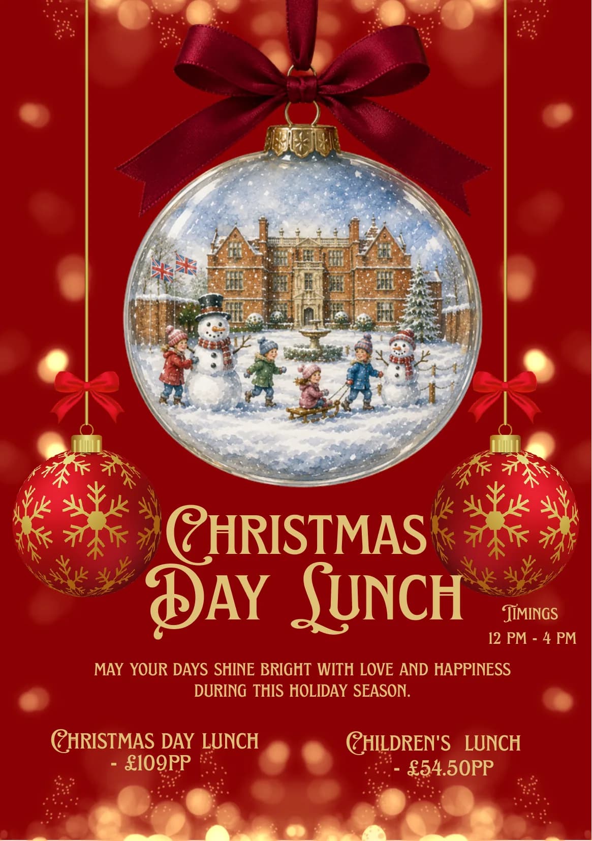 Christmas Day Lunch poster — £109 per person, children £54.50, served 12pm to 4pm