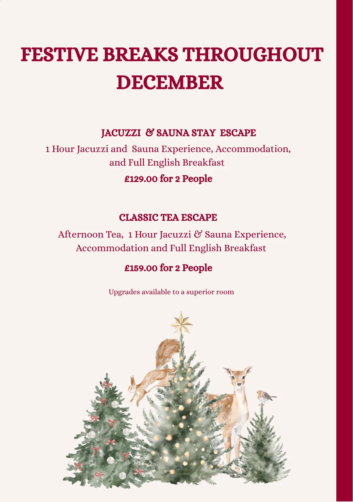 Festive Breaks poster — Jacuzzi and Sauna Stay Escape £129, Classic Tea Escape £159 for two people