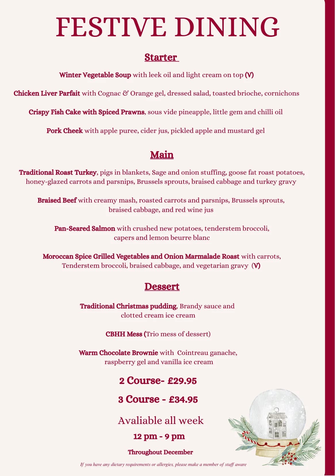 Festive Dining poster — two courses £29.95, three courses £34.95, served 12pm to 9pm