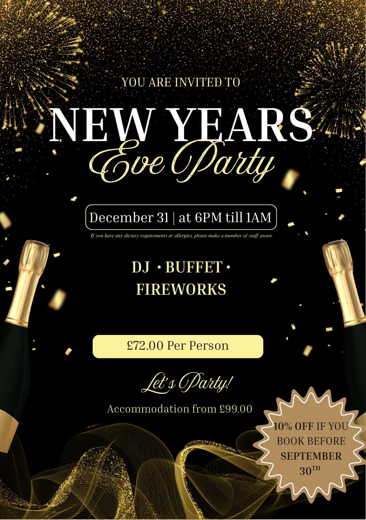 New Year's Eve Party poster — 31st December, 6pm till 1am, DJ, buffet and fireworks, £72 per person