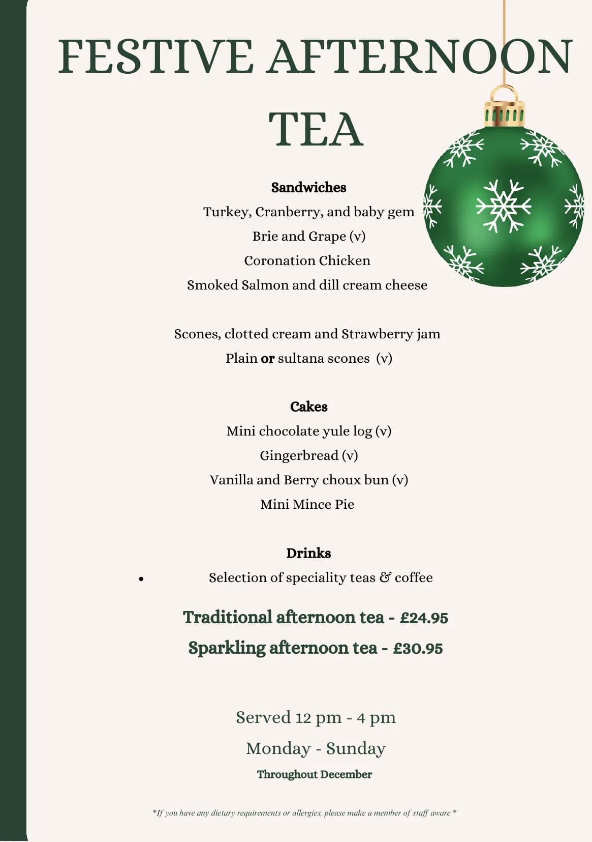 Festive Afternoon Tea poster — traditional £24.95, sparkling £30.95, served 12pm to 4pm