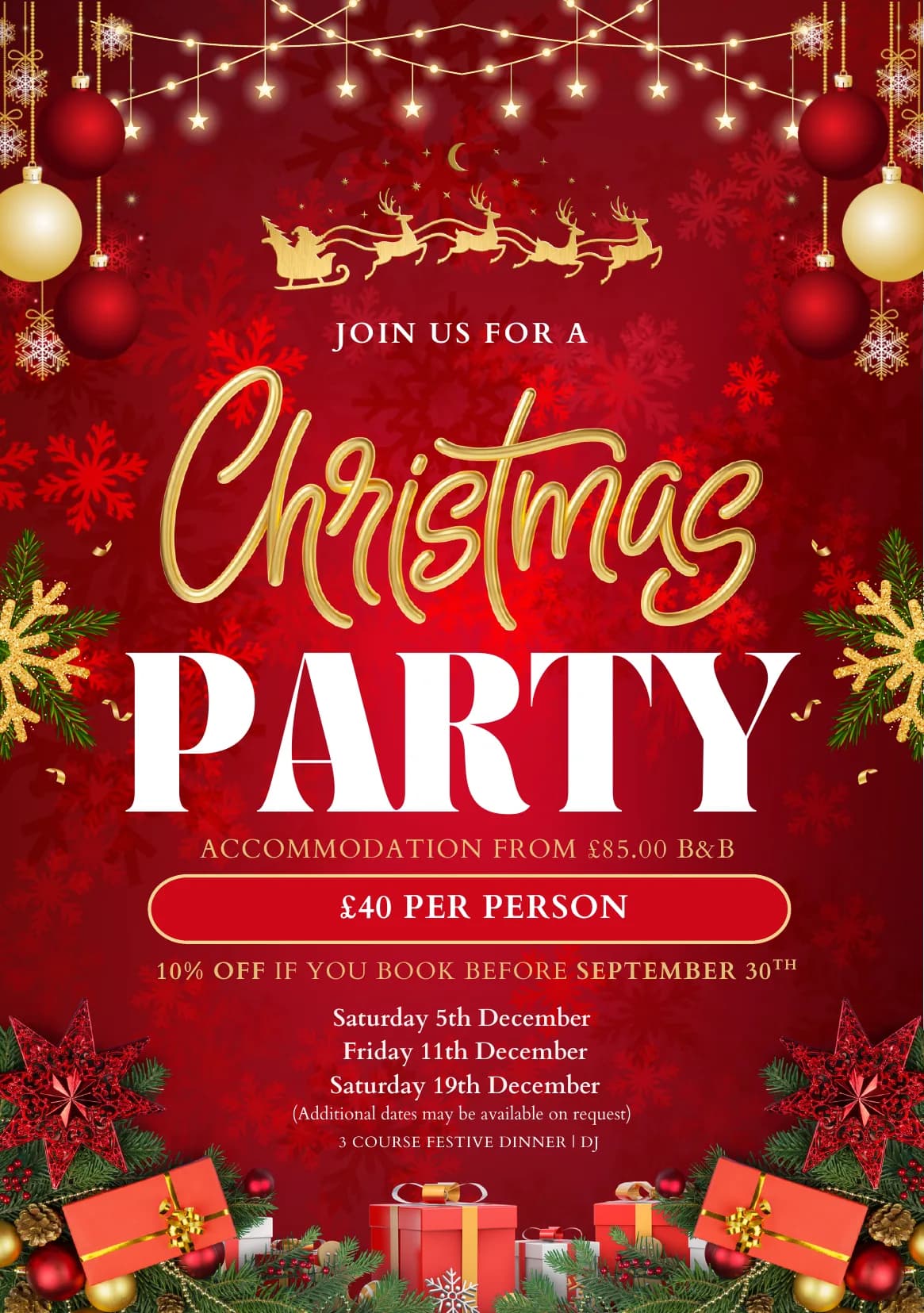 Christmas Party Nights poster — £40 per person, three-course festive dinner and DJ